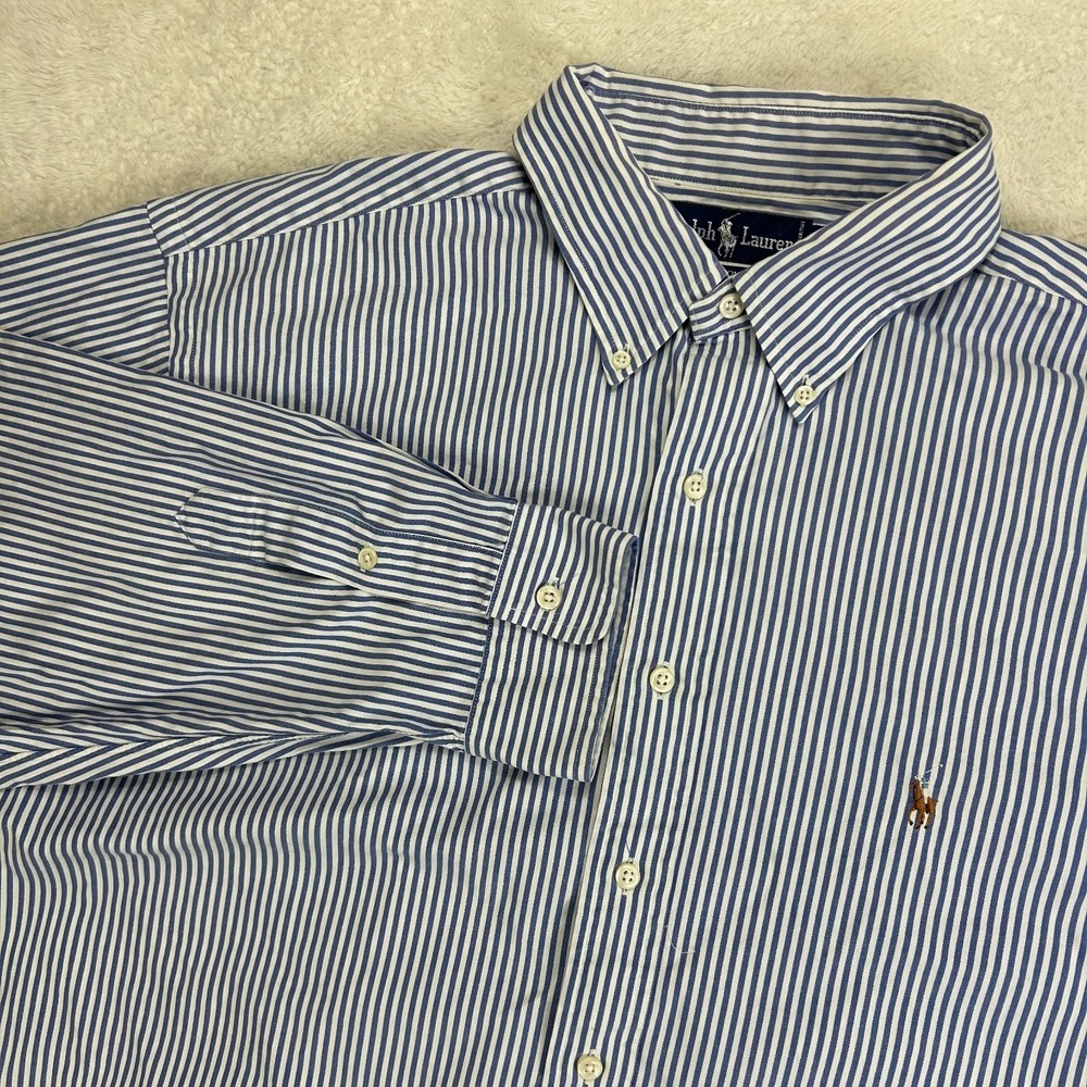 Ralph Lauren Button‎ Down Dress Shirt Mens 17.5-35 Blue White Striped Yarmouth